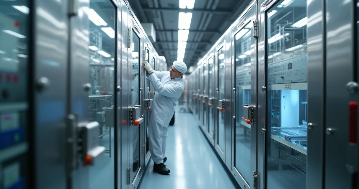 Técnico instalando peças de PTFE em indústria farmacêutica 