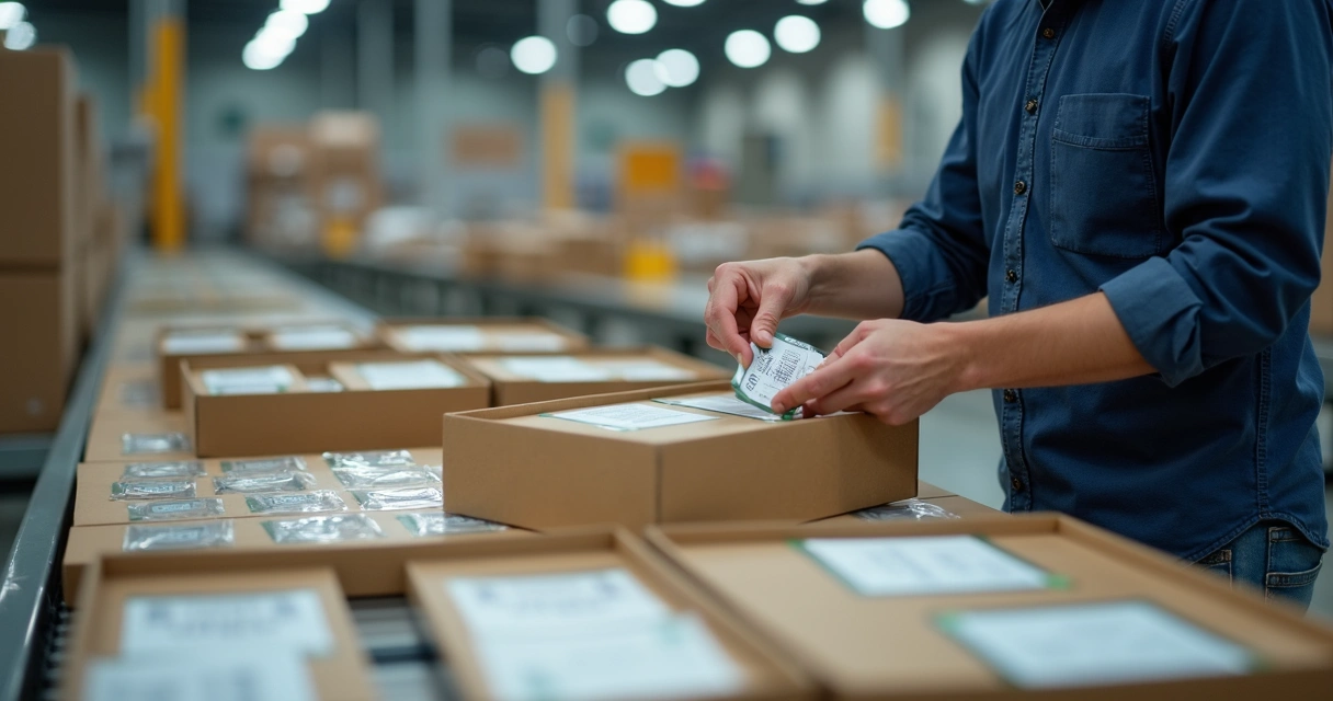 Funcionário preparando kits com diferentes produtos em embalagens próximas a uma esteira