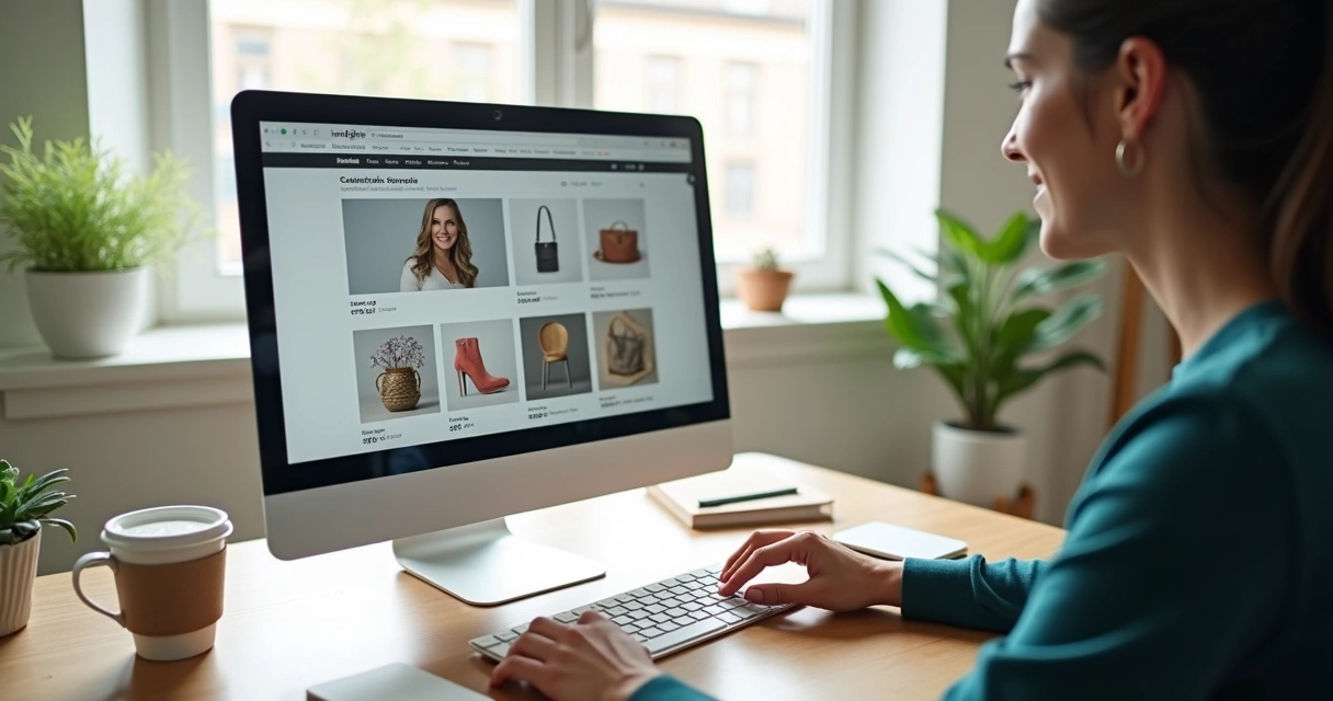 Pessoa ajustando layout de loja online em computador moderno 