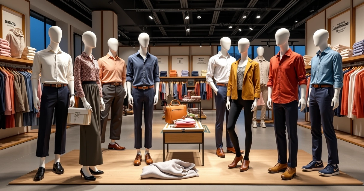 Manequins montados com roupas e acessórios em uma loja de moda 