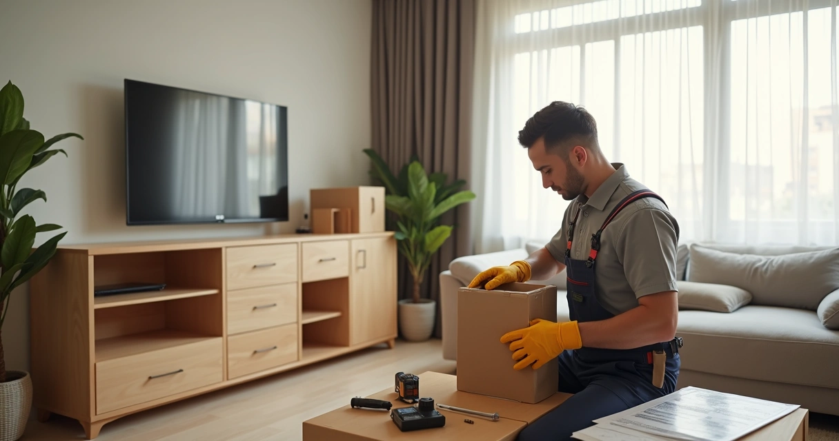 Profissional montando móveis em ambiente residencial moderno com ferramentas e peças ao redor 
