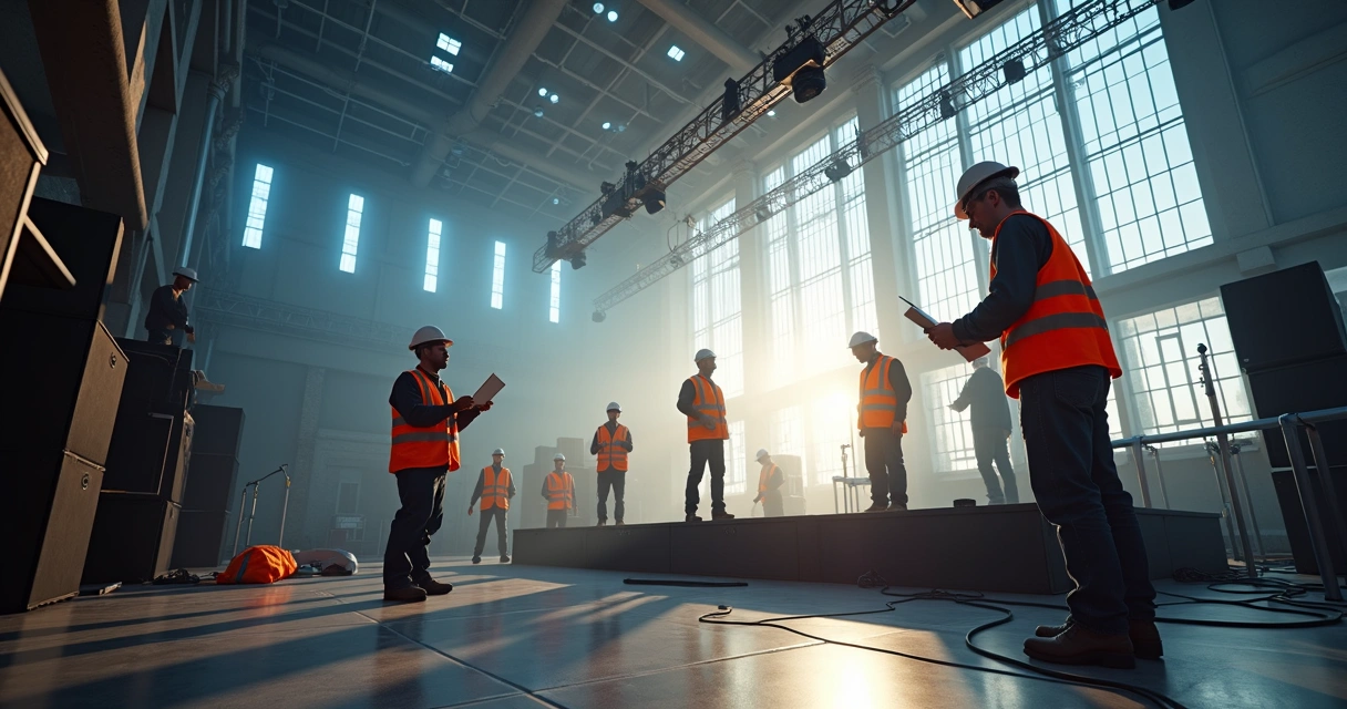Montagem de palco para evento, equipe de profissionais usando EPIs 
