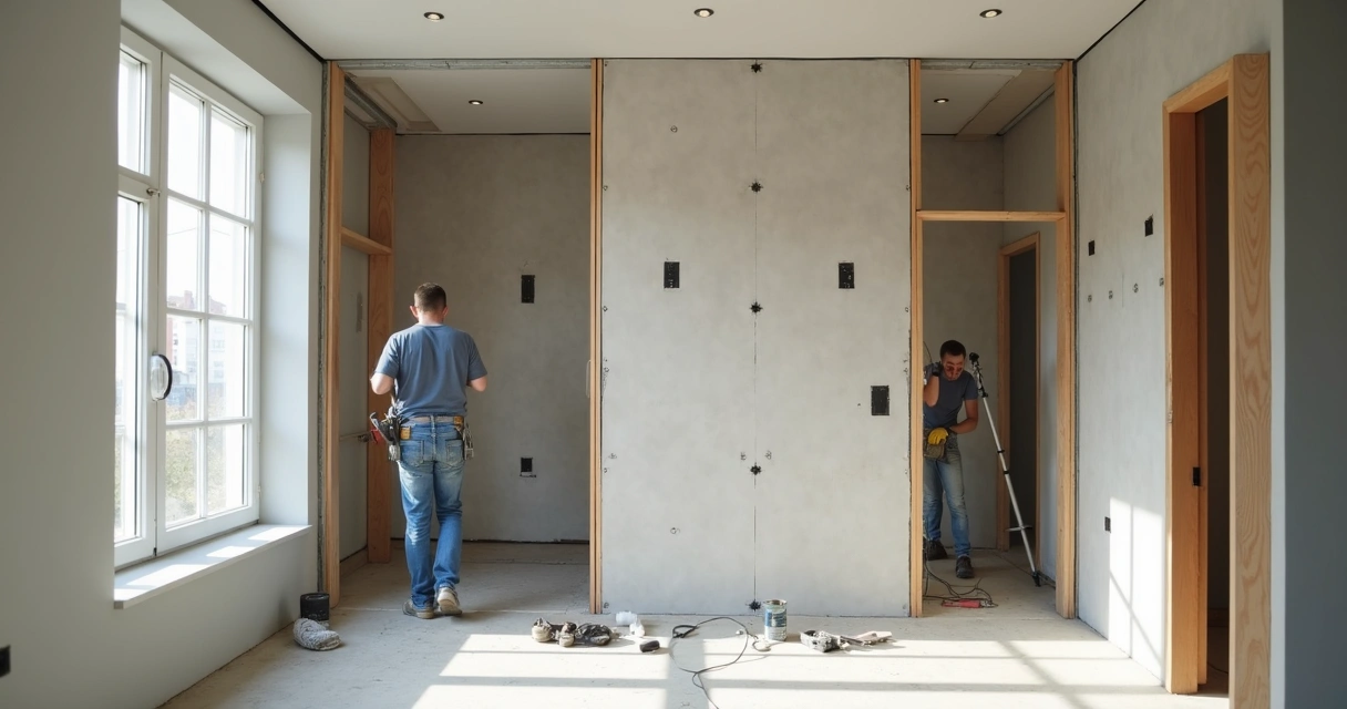Montagem de parede interna em drywall com perfis metálicos 