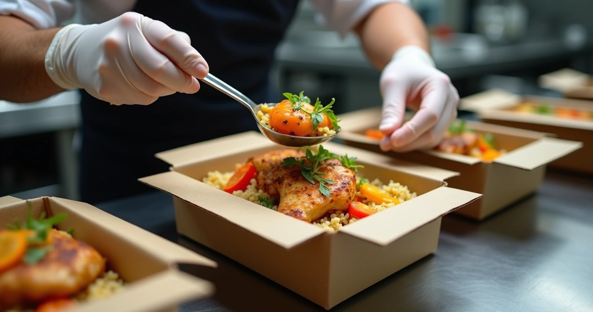 Chef colocando refeição em embalagem para entrega 