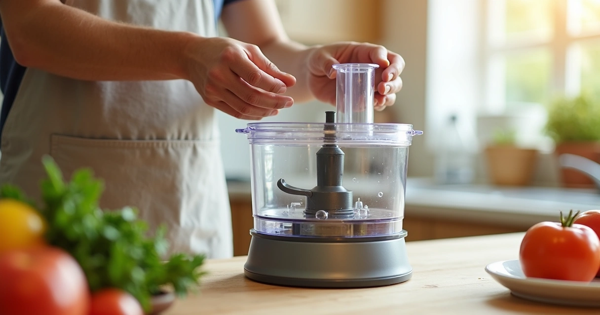 Pessoa montando processador de alimentos na cozinha 