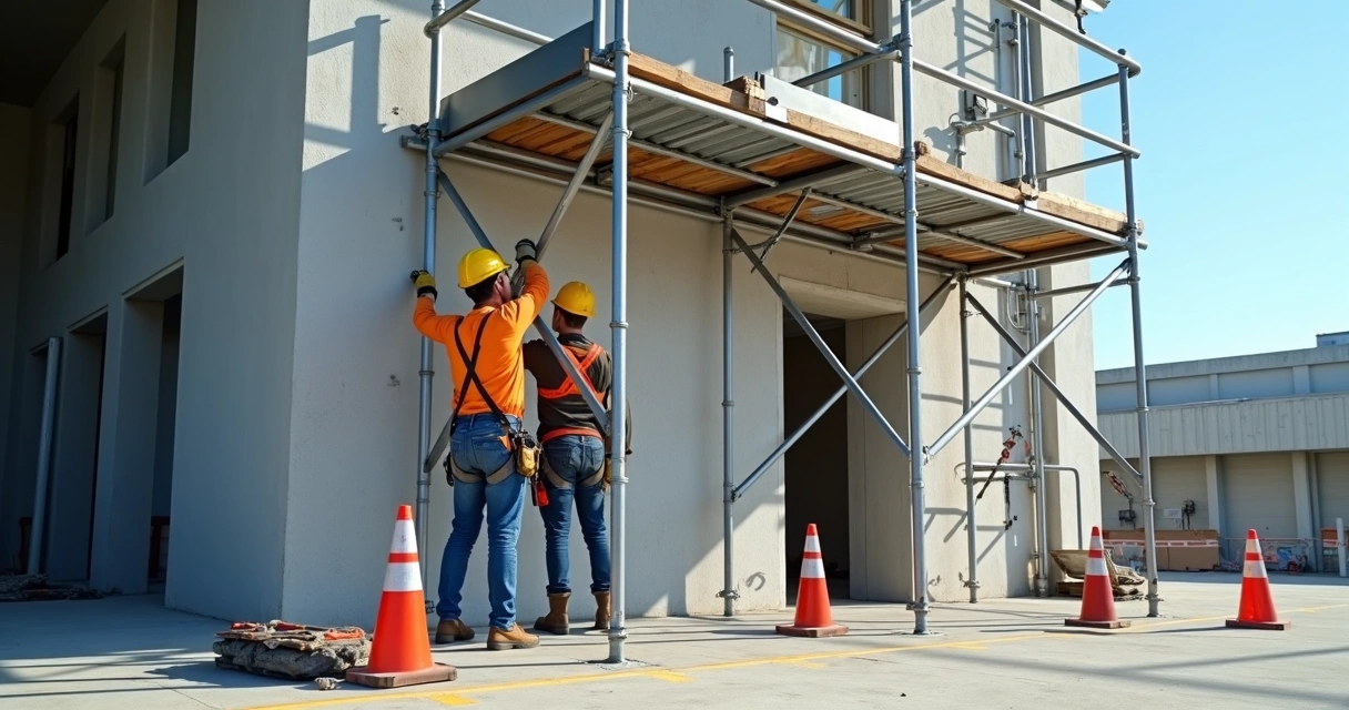 Trabalhadores montando andaime com linha de vida e guarda-corpo