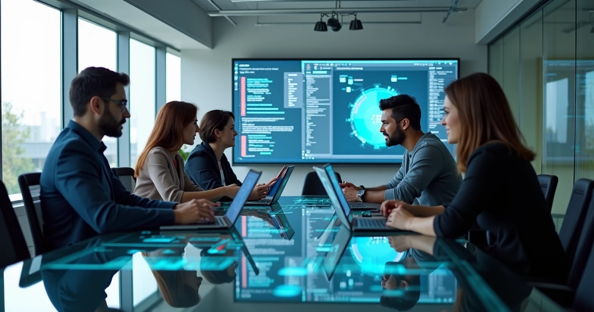 Equipe de tecnologia reunida em mesa colaborativa com computadores e telas digitais 