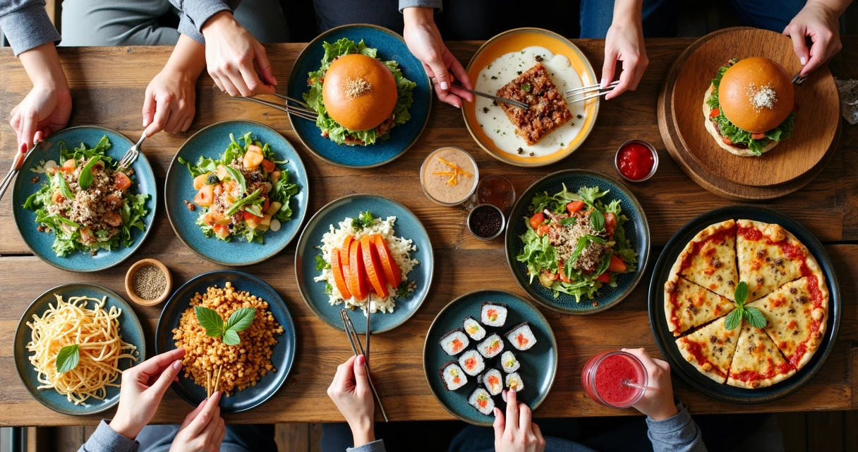 Montagem com vários pratos de comida variada no fundo de madeira 