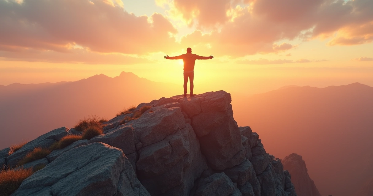 Persona en la cima de una montaña con brazos extendidos al amanecer 