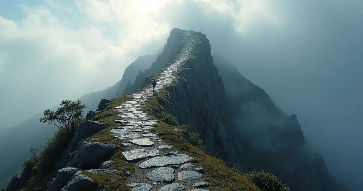 Trilha pedregosa subindo uma montanha com céu nublado e raios solares no topo