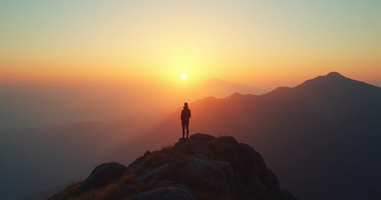 Silhueta de pessoa no topo da montanha olhando para o horizonte, representando legado e propósito