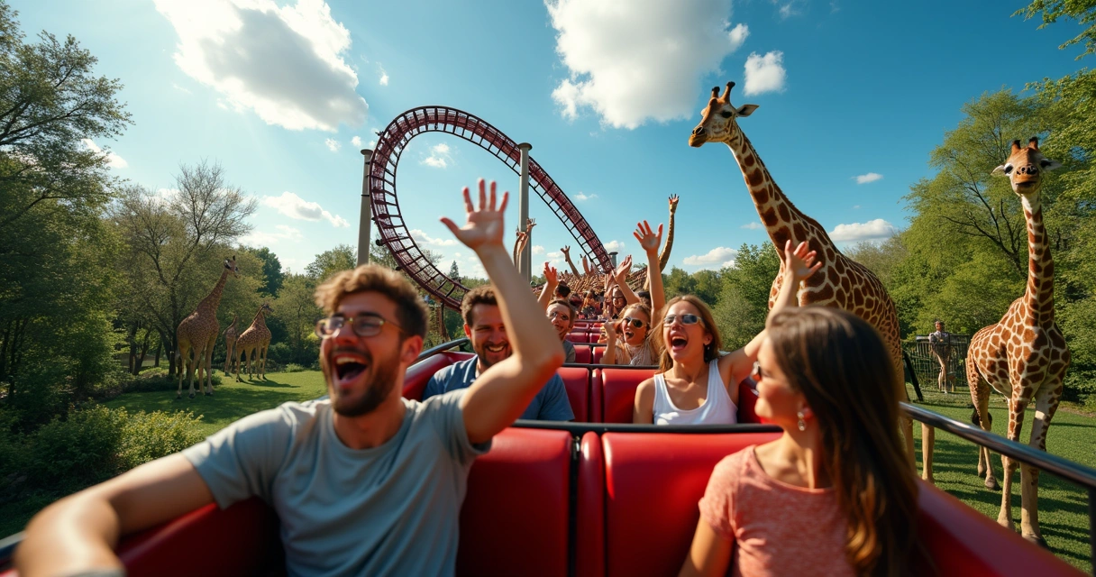 Montanha-russa no Busch Gardens com várias pessoas animadas 