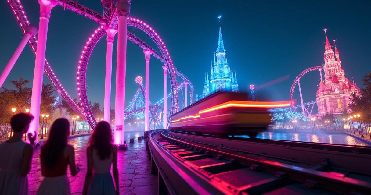 Montanha-russa iluminada à noite em parque temático