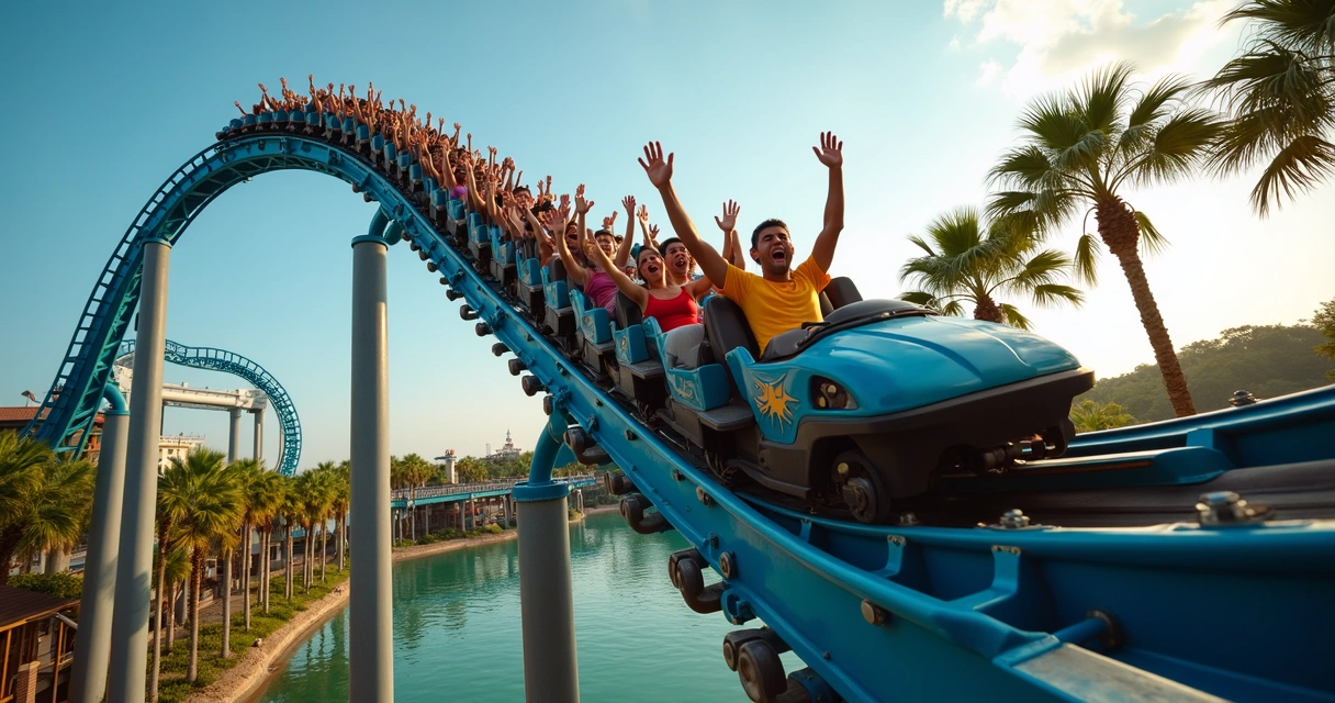 Montanha-russa radical em parque da Universal com visitantes gritando
