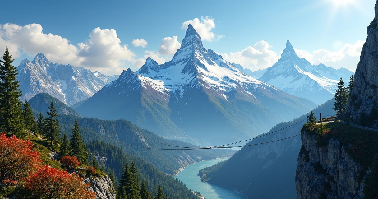 Vista panorâmica das montanhas Fuji, Matterhorn, Galdhøpiggen e Hoher Dachstein em cenário natural realista 