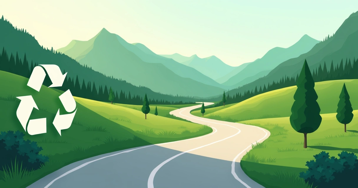 Montanhas verdes e estrada com símbolo de reciclagem ao fundo 