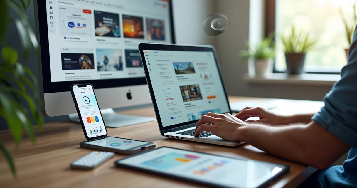 Profissional montando site em notebook com editor arrasta e solta na tela 