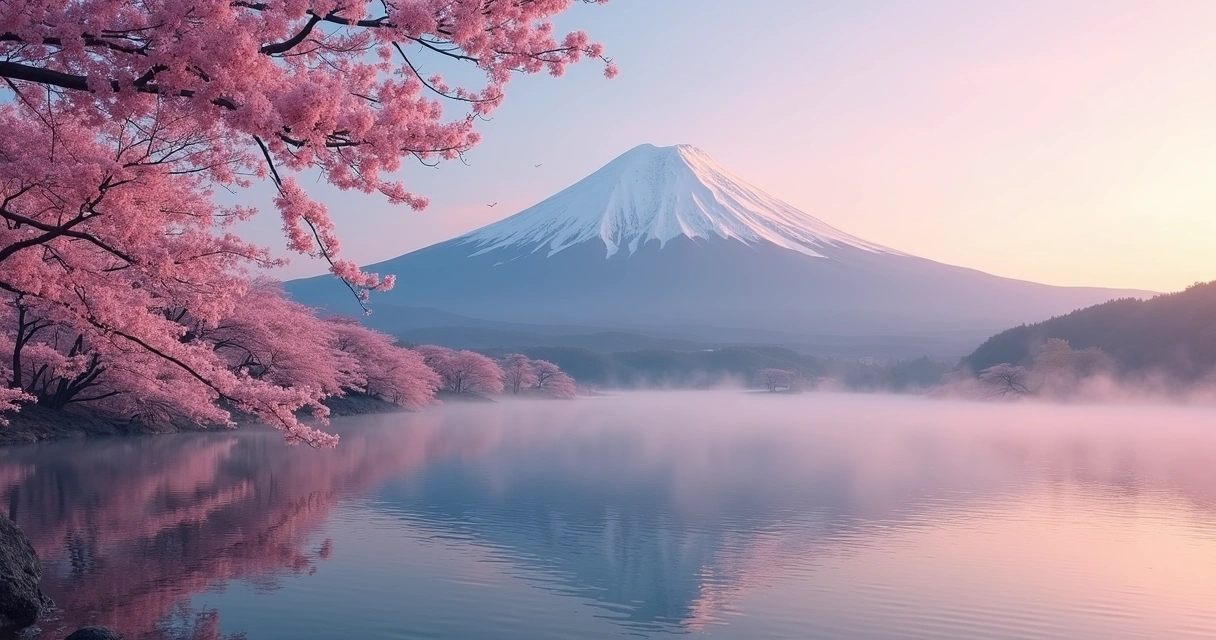 Monte Fuji com neve e lago ao fundo 