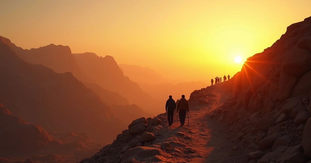 Monte Sinai ao amanhecer com peregrinos subindo 