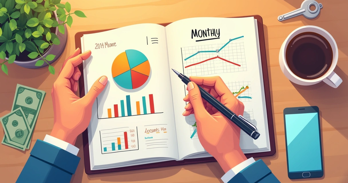 Hand drawing monthly budget chart on notebook