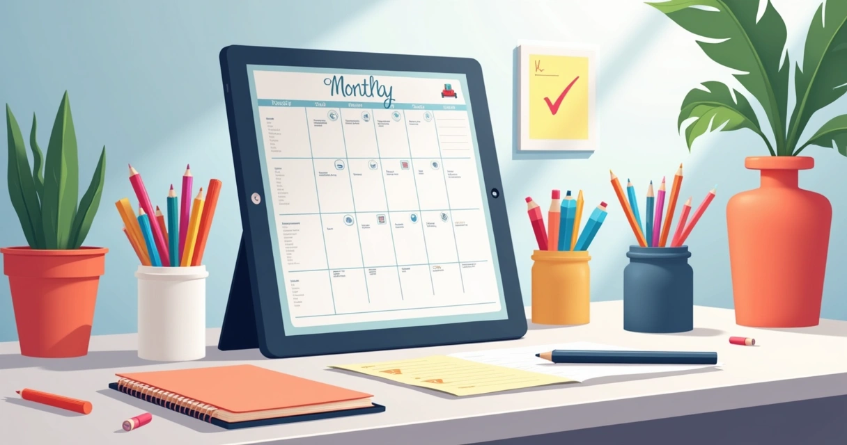 Desk with monthly planner, colorful markers, and goal checklist