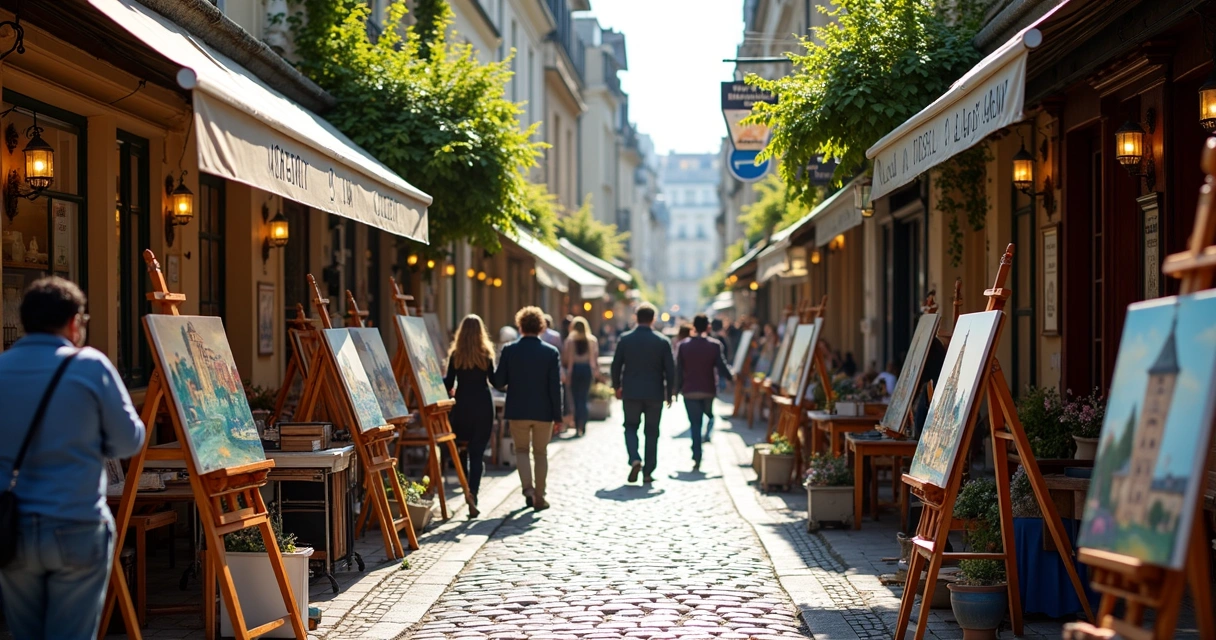 Artistas pintando em uma rua de Montmartre, Paris 
