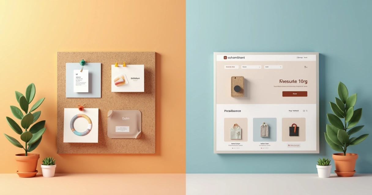 Moodboard com paleta de cores ao lado de vitrine online 