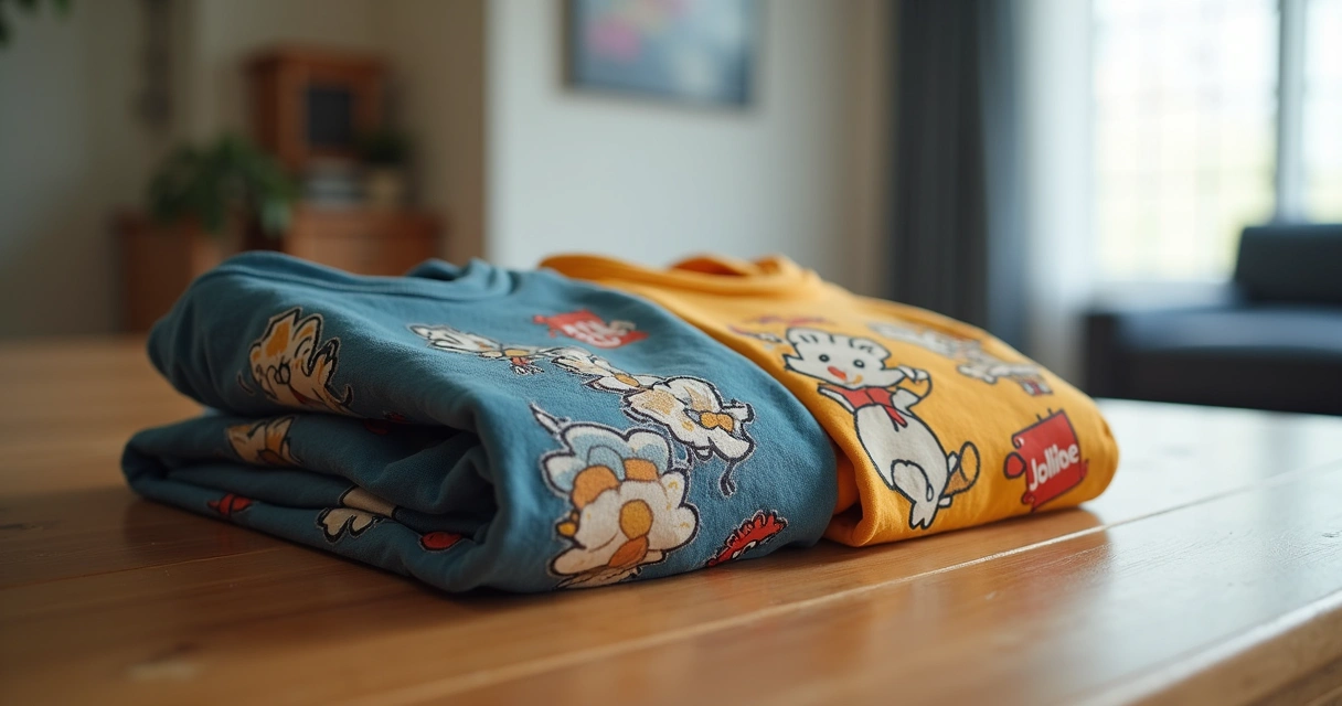 Camisas de edição limitada com Moogles e Chocobos da Final Fantasy XIV em mesa de madeira 