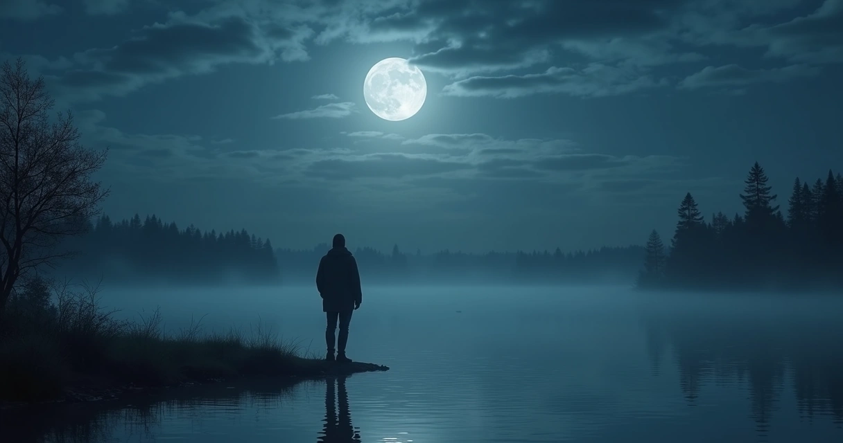 Person’s reflection on moonlit water with tarot symbols interwoven. 