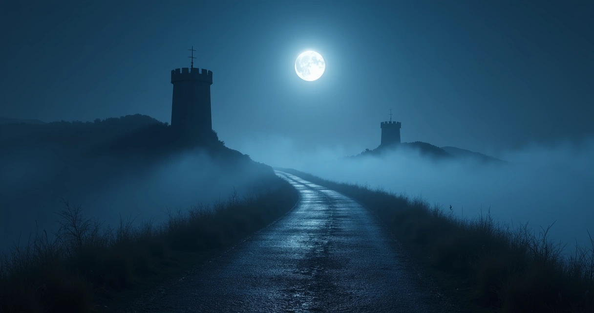 Path under moonlight turning clear as fog lifts between two towers. 