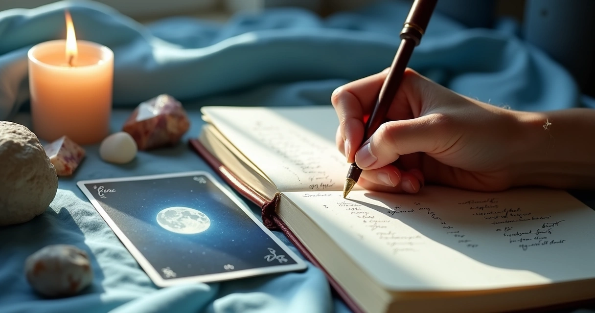 Tarot reader journaling with Moon card for shadow work. 