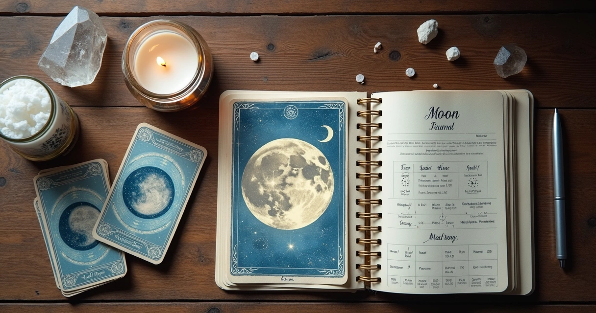 Tarot altar with moon journal and candles 