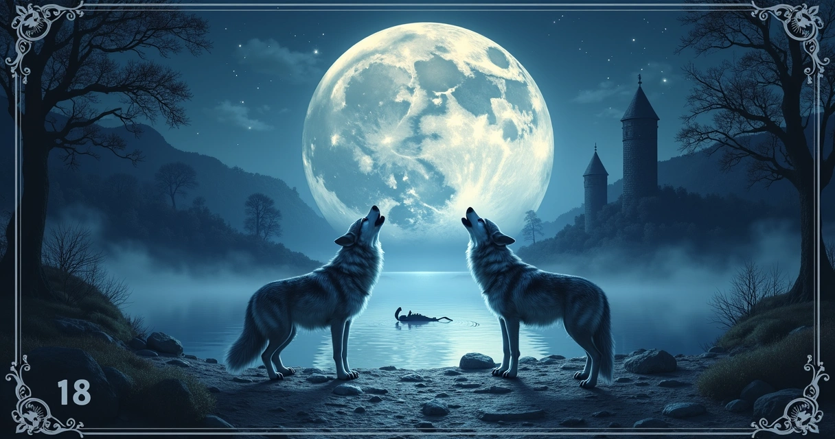 The Moon tarot card showing a luminous full moon over a reflective lake with wolves howling and a path between towers 