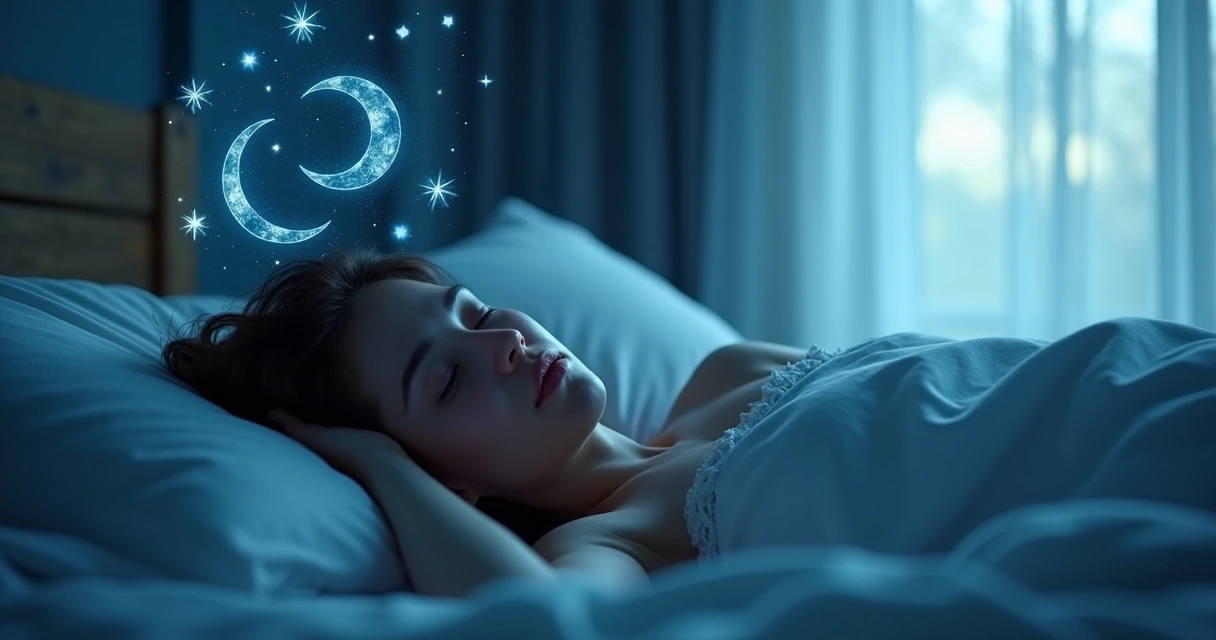 Person in bed, dreaming with moonlight and tarot symbols spiraling above. 