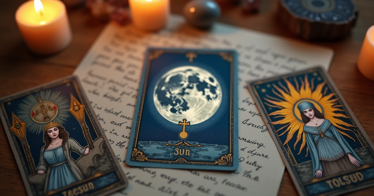 Moon tarot card placed next to High Priestess and Sun cards in a layout. 