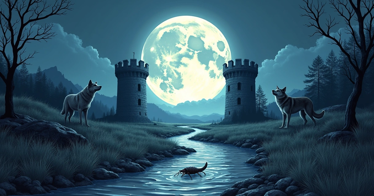Symbols on the Moon tarot card including moon, dog, wolf, water, and crayfish. 