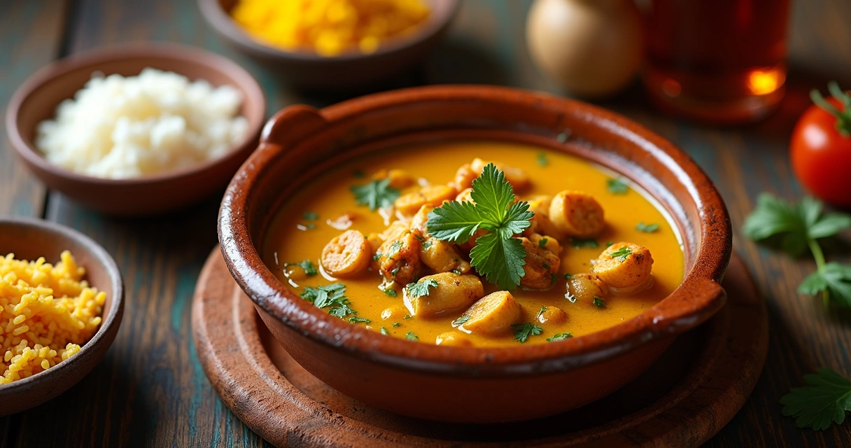 Moqueca baiana servida em panela de barro à mesa de restaurante 