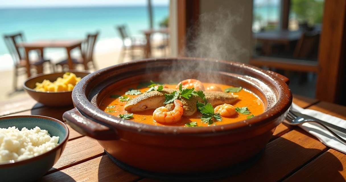 Panela de moqueca baiana servida à mesa com arroz e farofa 