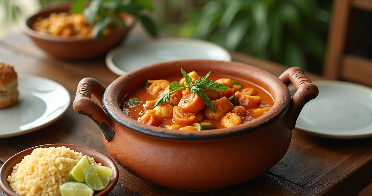 Moqueca de frutos do mar servida em panela de barro tradicional baiana 