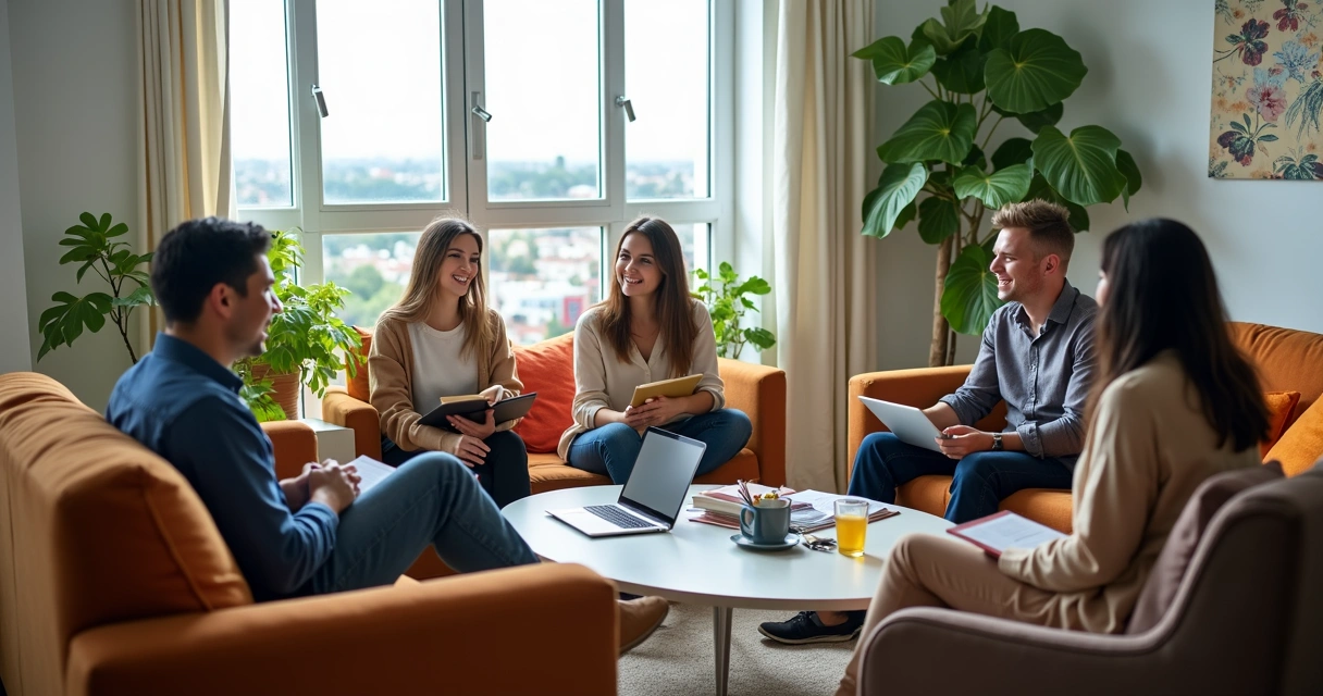 Sala de apartamento compartilhado em Curitiba com estudantes conversando 