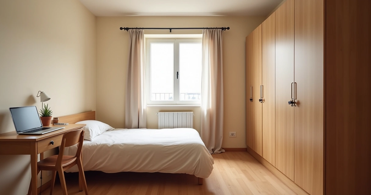 Quarto mobiliado simples em casa compartilhada em Portugal com janela iluminada e decoração minimalista 