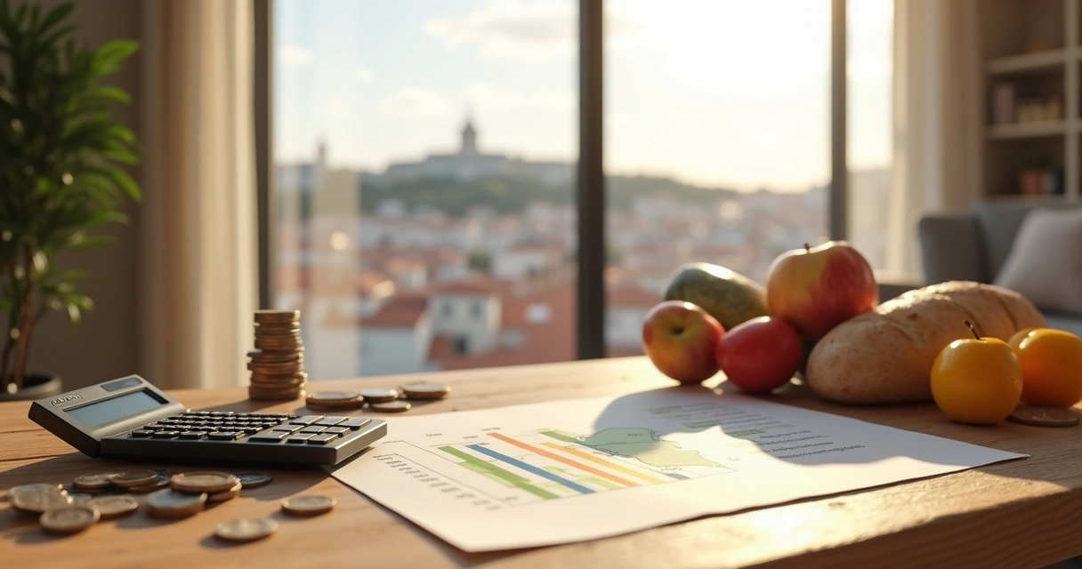 Apartamento moderno em Lisboa com vista para a cidade e elementos que representam custo de vida como moedas, gráficos e itens de supermercado 