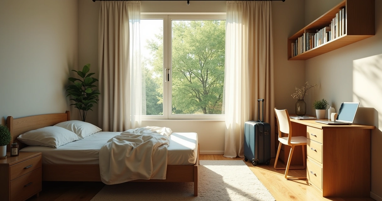 Quarto de estudante organizado com mala e vista para jardim