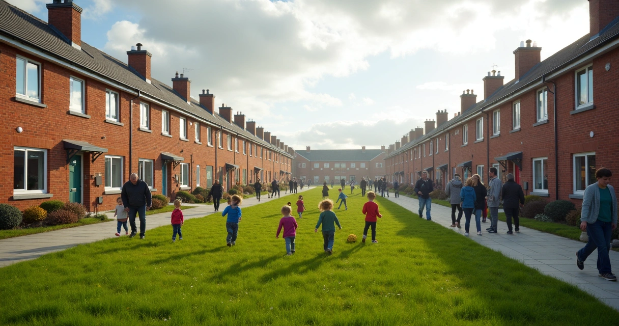 Bairro residencial simples em Dublin com crianças brincando 