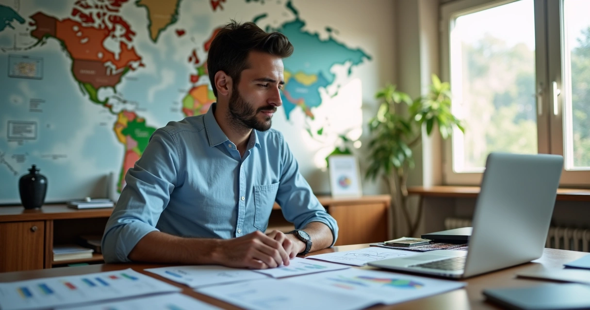 Homem sentado com documentos e notebook, representando brasileiro no exterior e controle financeiro 