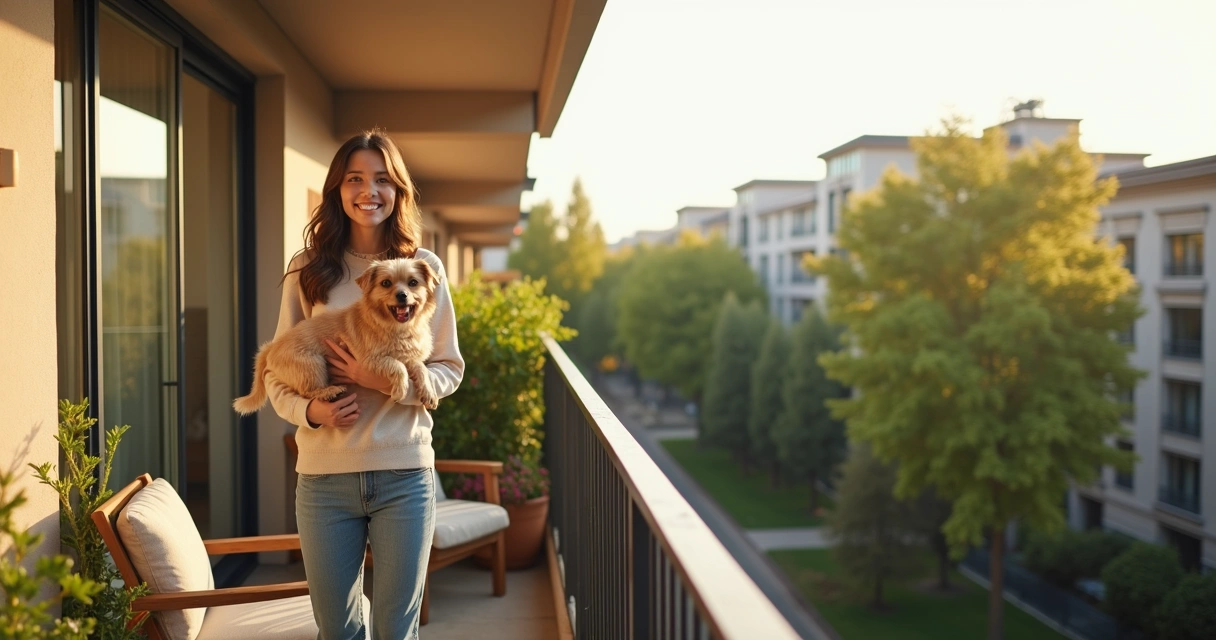 Morador com cachorro em varanda de apartamento pet friendly com móveis modernos e vista urbana 