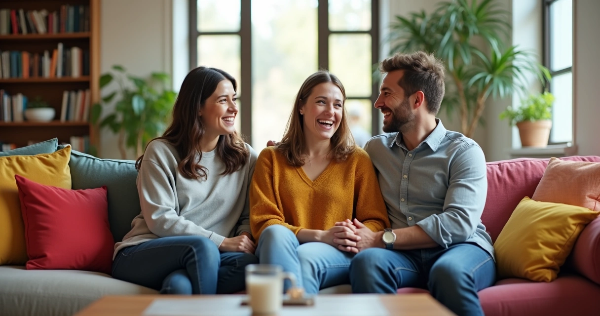 Três pessoas conversando e rindo na sala de uma casa compartilhada 