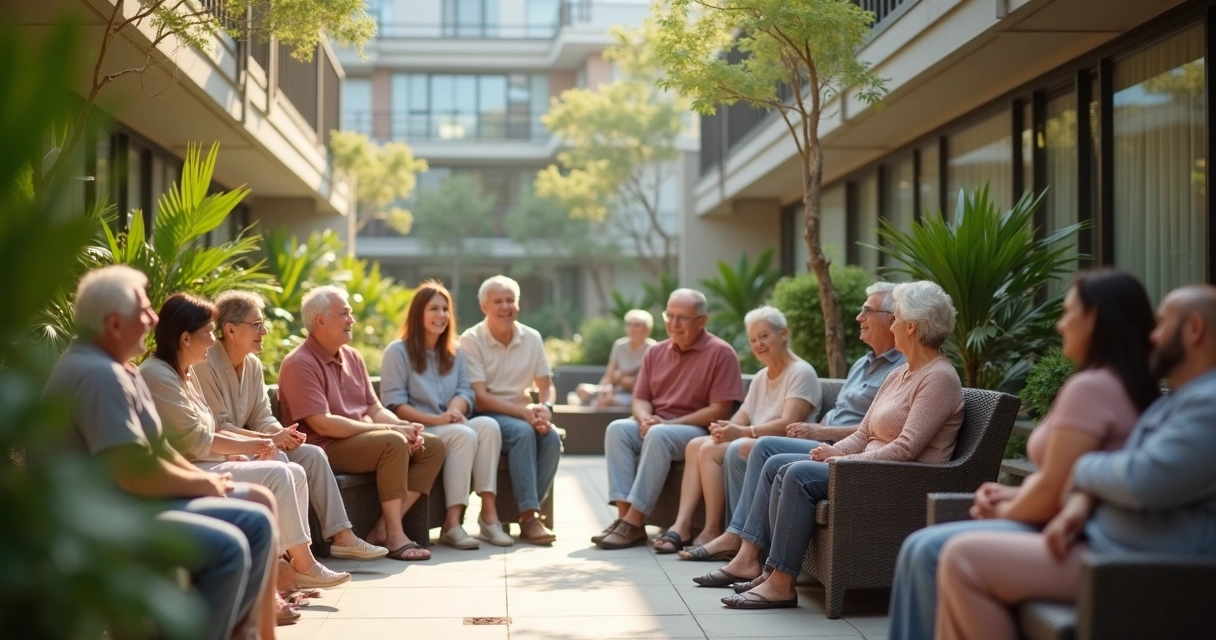 Moradores de condomínio sorrindo em área comum 