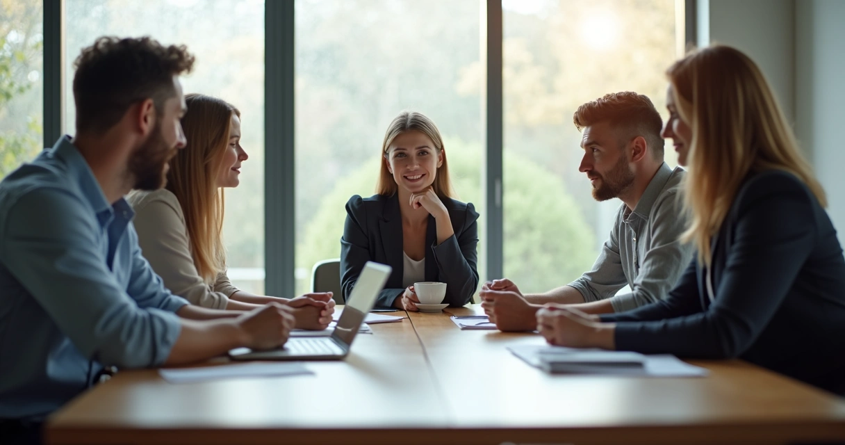 Team sitting around table in office, one person looks conflicted 