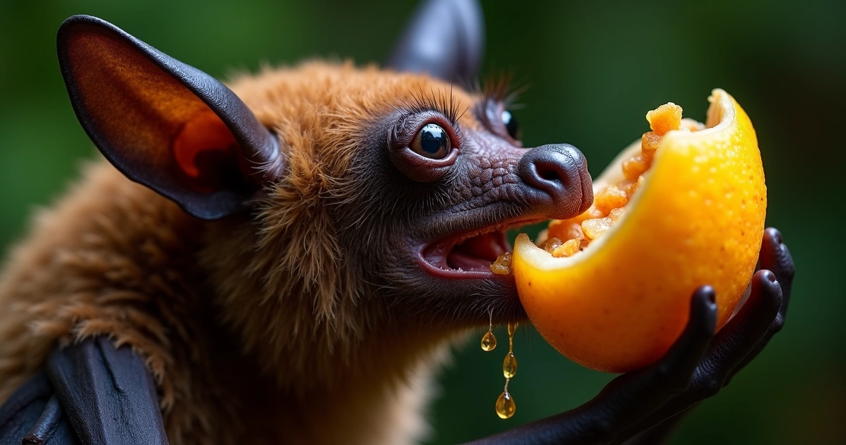 Morcego frugívoro se alimentando de fruta madura 